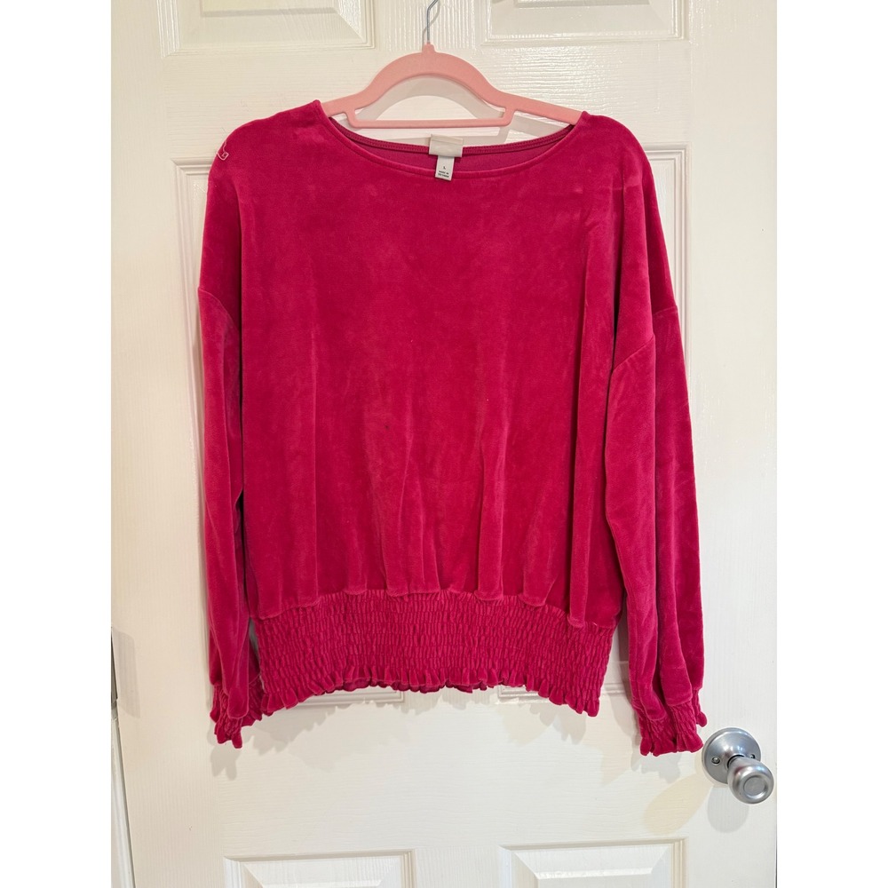 A‎ New Day Velour Pullover Top Smocked Waist Long Sleeve Pink Size L